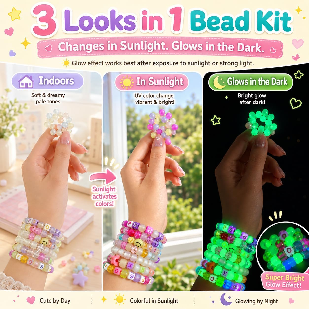 SJZWSD 5 Boxes Bracelet Making Kit Pony Beads, 6x9mm Kandi Rave Beads & Hair Beads Set with UV Color Changing, Glow-in-Dark, Chrome & Alphabet Letters for Friendship Jewelry DIY Crafts