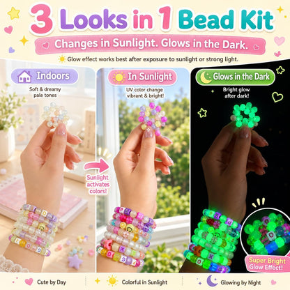 SJZWSD 5 Boxes Bracelet Making Kit Pony Beads, 6x9mm Kandi Rave Beads & Hair Beads Set with UV Color Changing, Glow-in-Dark, Chrome & Alphabet Letters for Friendship Jewelry DIY Crafts