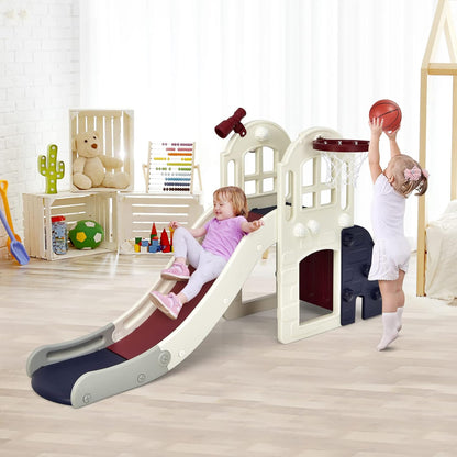 BABY JOY Toddler Slide, 6-in-1 Indoor Kids Slide Playset with Basketball Hoop, Telescope, Climbing Ladder & Storage Space, Freestanding Playhouse & Climber for Kids Aged 1-3 (Pink)