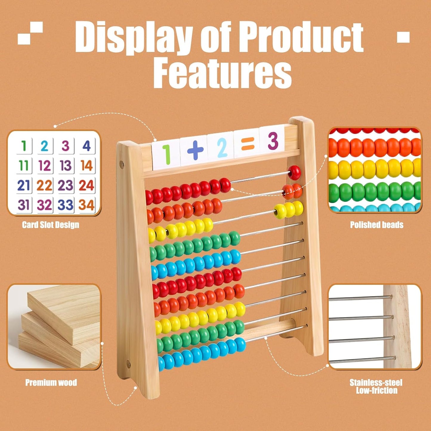 Wooden Abacus for Kids Math - 10-Row Counting Toy with 100 Beads, Number Cards & Counting Sticks, Educational Counters for Kids Math Gift for Age 3 4 5 6 7 Year Old Boy Girl