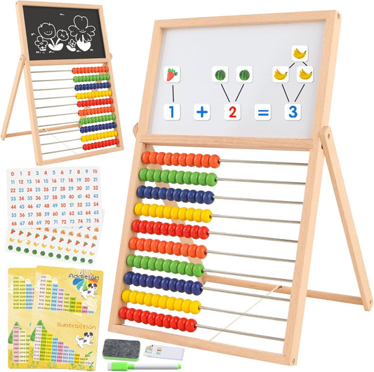 Wooden Abacus for Kids Math - Double-Sided Blackboard Whiteboard Magnetic Abacus with 100 Magnetic Number & Fruit Stickers - Educational Counting Games Kids Gift