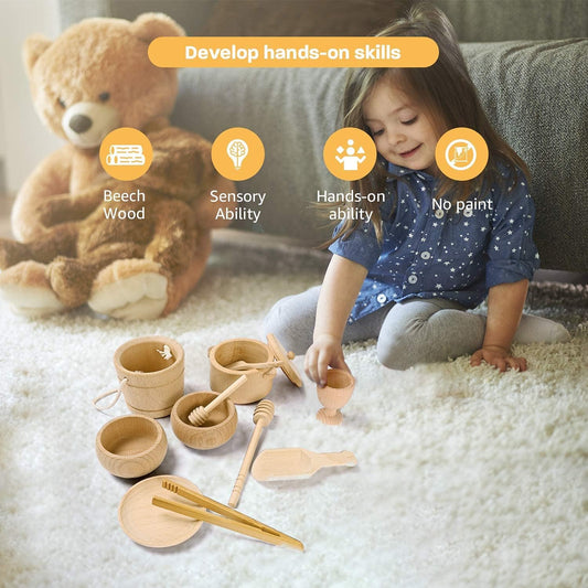 Montessori Sensory Bin Toys for 1 Year Old Toddlers, 11pcs Wooden Waldorf Toys - Wooden Scoops and Tongs for Transfer Work and Fine Motor Skills Development