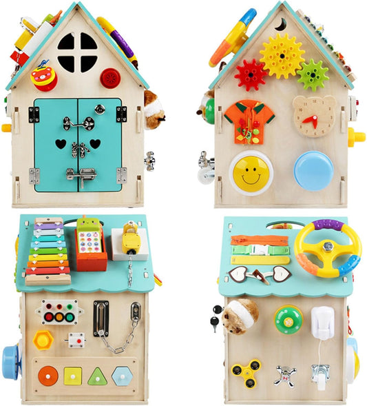 Montessori Wooden Busy House, Life Skills Activity Cube, Toddler Fine Motor Skills & Sensory Toy,Blue
