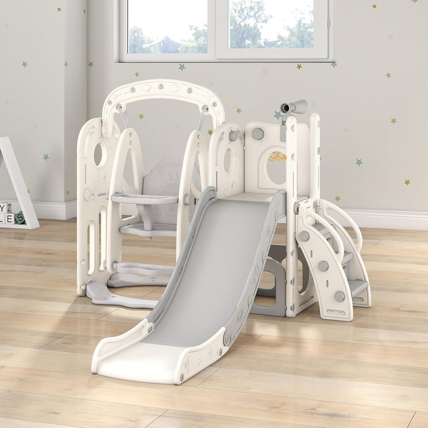 kinbor 6 in 1 Toddler Slide PlaySet - Indoor Outdoor Fun for Kids Ages 1-3, Includes Basketball Hoop, Telescope, Storage & Climber, Safe, Sturdy Baby Slide for Backyard Playground, Blue
