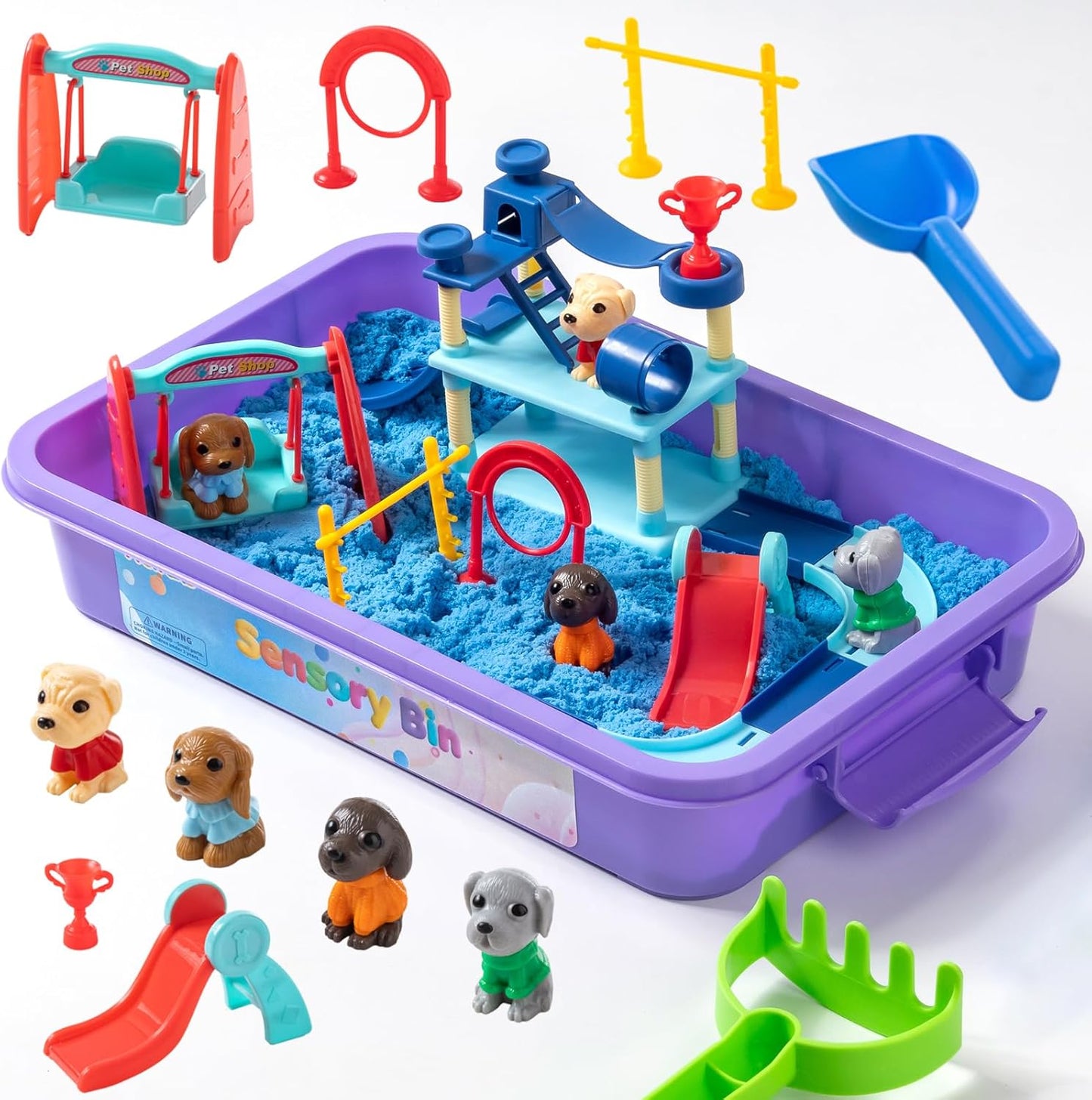 Pet Track Set, Pet Sensory Bin for Kids, All-in-One Animal Sensory Sand Kit with Dog Playset & Tools