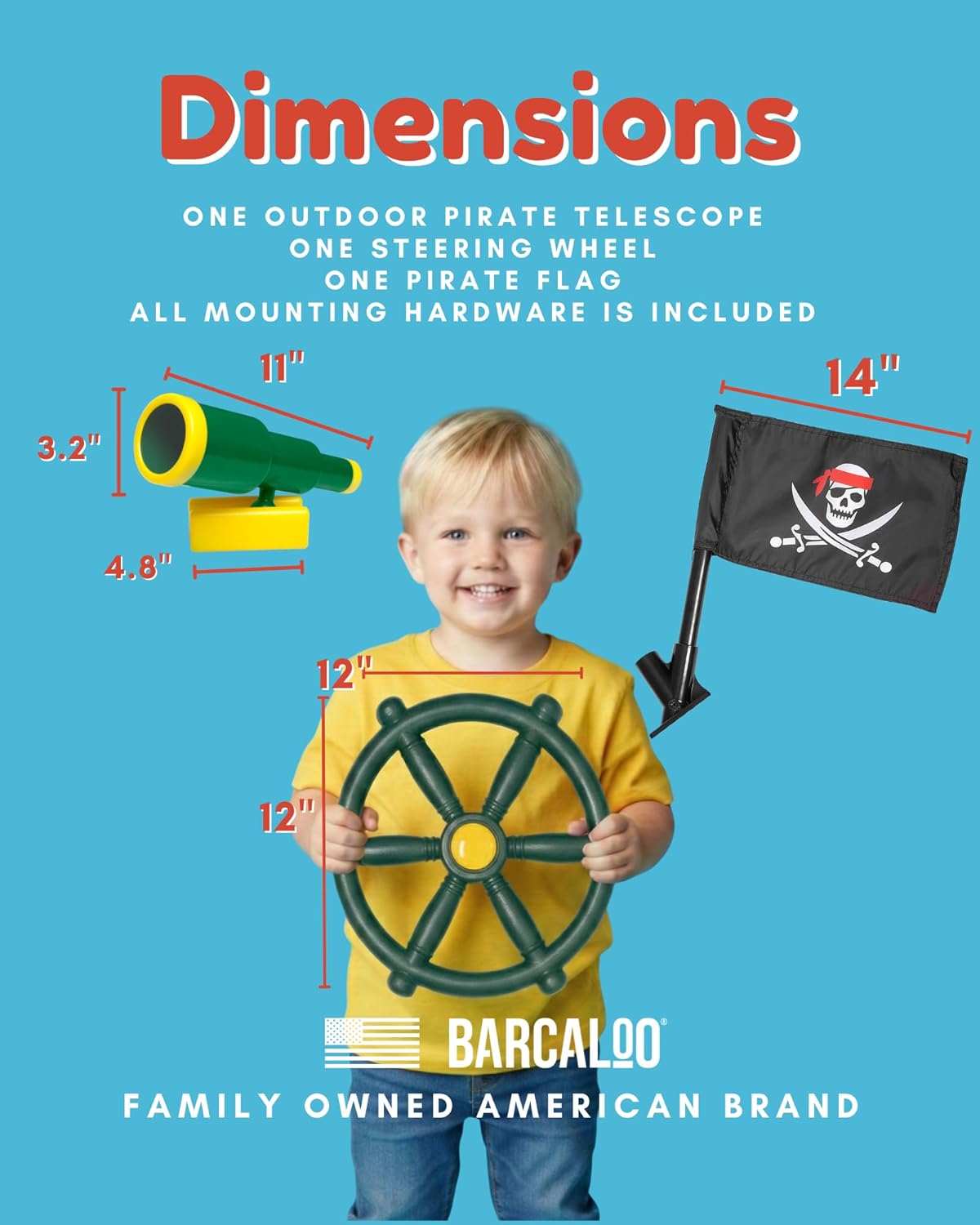 Barcaloo Playground Equipment Bundle Set with Kids Pirate Telescope, Pirate Steering Wheel & Flags, Jungle Gym Playset Accessories for Backyard Swings, Playground Set for Backyards