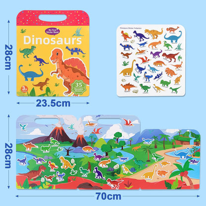 ASTARON Reusable Sticker Book for Toddlers, 88 Pcs Dinosaur Stickers Road Trip Activities Car Airplane Activities Travel Toys for Kids, Kids Quiet Time Activities (2-6 Age)