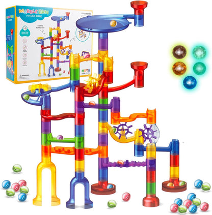 Marble Run Toy, 125pcs Marble Maze Kit STEM Educational Learning Toy for Kids, Construction Building Blocks Toys, Birthday Gift for Boys Girls 3-8（with 5 Glow in The Dark Glass Marbles）