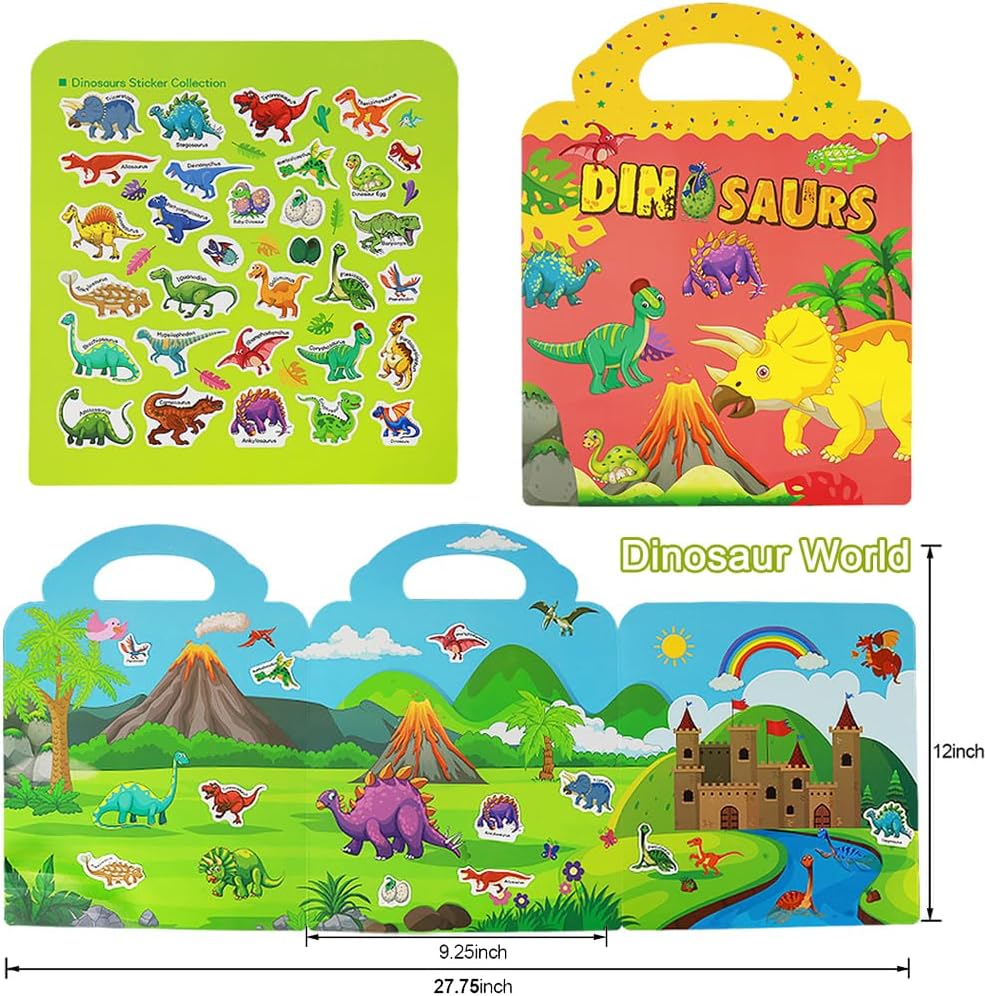 RUSON Reusable Sticker Book for Kids, 2 Sets Educational Learning Toys Travel Stickers Activity Books for Toddler Girls Boys Age 3+ Birthday Gifts - Vehicle & Dinosaur