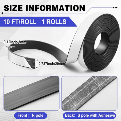 Sabary 2 Roll Monopolar Magnetic Tape 10 feet x 0.8 Wide x 0.12 Thick with Strong Adhesive Backing Anisotropic Flexible Magnetic Strip for Maglev Train Science Project