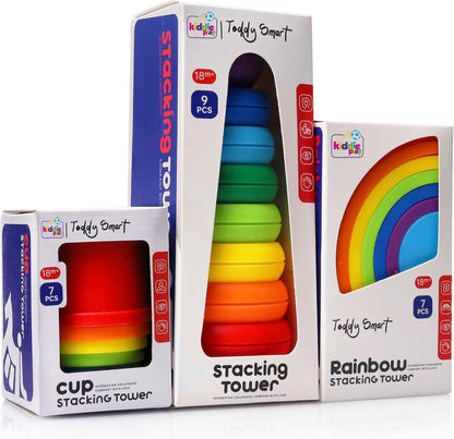 Kiddie Play Stacking Toys for Toddlers | Set of 3 Baby Toys Stacking Cups Stacking Rings and Rainbow Stacker