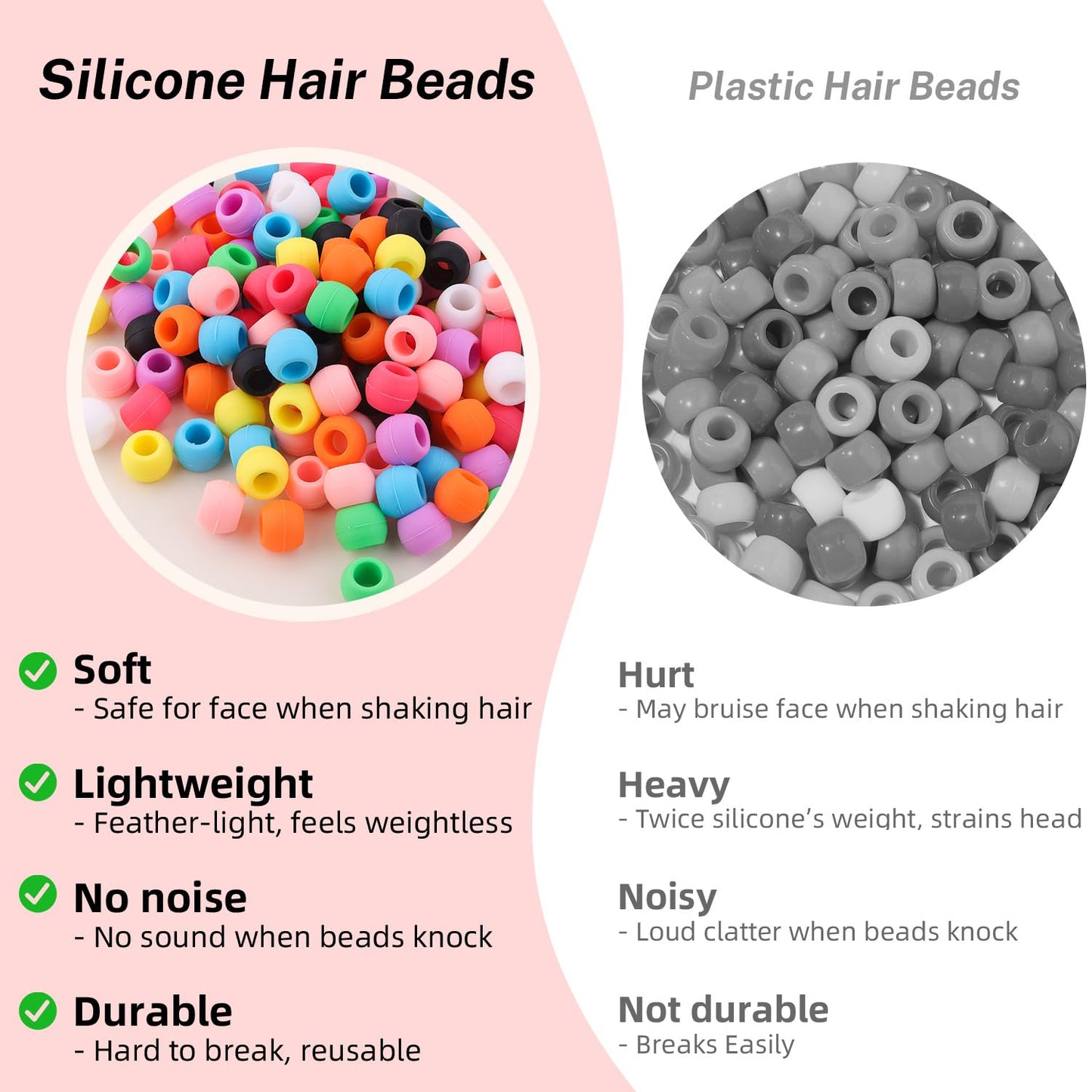 150Pcs 10mm Small Silicone Beads for Hair Braids, Soft Jellyish Pony Hair Beads with 5mm Hole + 50 Rubber Bands and 1 Beader for Braiding, DIY Bracelets Necklaces Crafts (Pink)