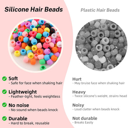 150Pcs 10mm Small Silicone Beads for Hair Braids, Soft Jellyish Pony Hair Beads with 5mm Hole + 50 Rubber Bands and 1 Beader for Braiding, DIY Bracelets Necklaces Crafts (Pink)