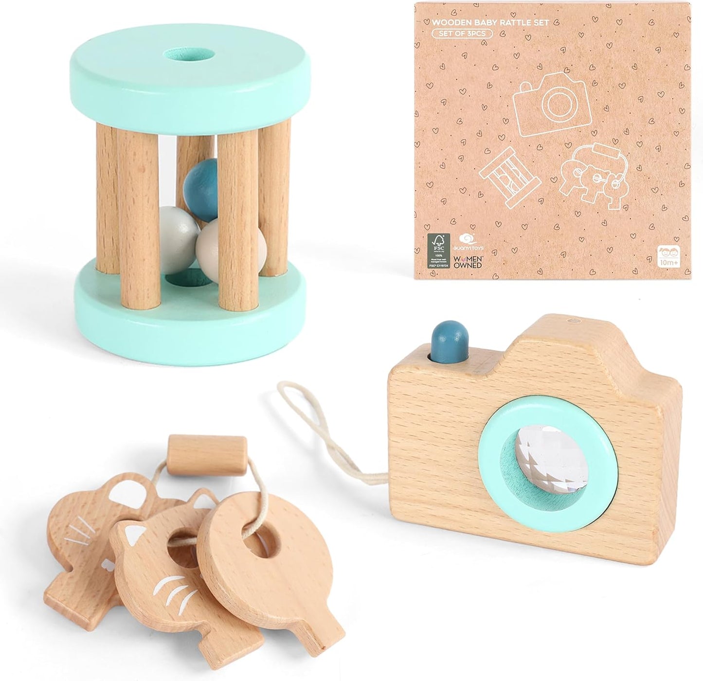 FReniland Wooden Montessori Toys, 4-Piece Wooden Baby Toy, Rainbow Stacking Ring,Car Push and Pull Toy, Rocket Stacking Ring Babys Toys,Newborn Baby Gift Sets for Boys and Girls