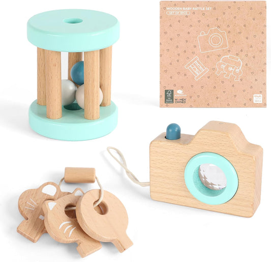 FReniland Wooden Montessori Toys, 4-Piece Wooden Baby Toy, Rainbow Stacking Ring,Car Push and Pull Toy, Rocket Stacking Ring Babys Toys,Newborn Baby Gift Sets for Boys and Girls