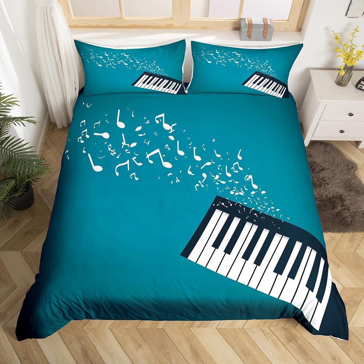 Drum Kit Comforter Cover Abstract Musical Instruments Bedding Set for Kids Boys Teens,Pop Music Duvet Cover Modern Rock Quilt Cover, Teal Laser Light Bedroom Decor Twin Size Blue Green Black