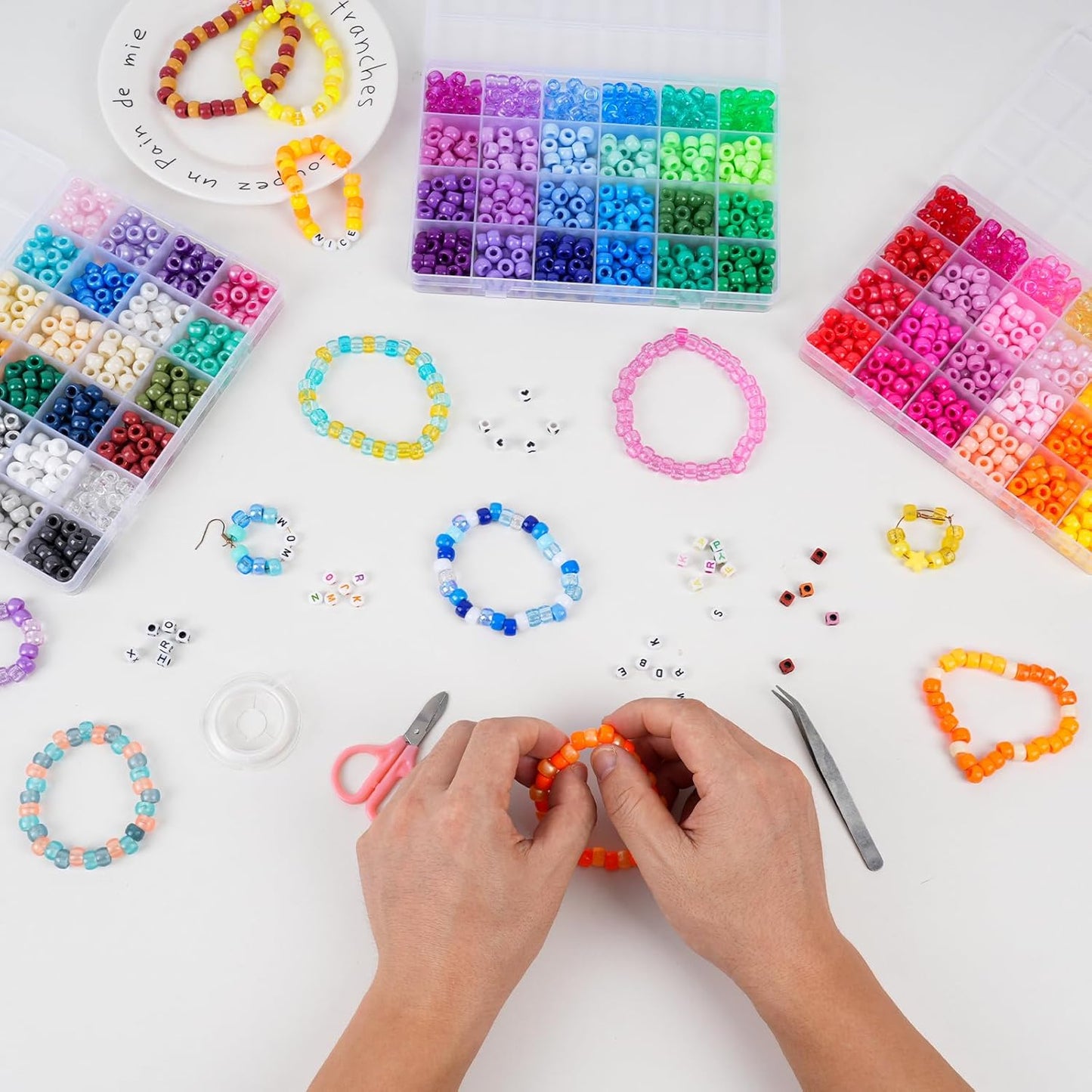 Bracelet Making Kit 96 Colors Pony Beads 3300pcs Friendship Bracelet Kit Rainbow Kandi Beads with Letter and Heart Beads Elastic Threads for Kids Adults Keychain Jewelry Necklace Making