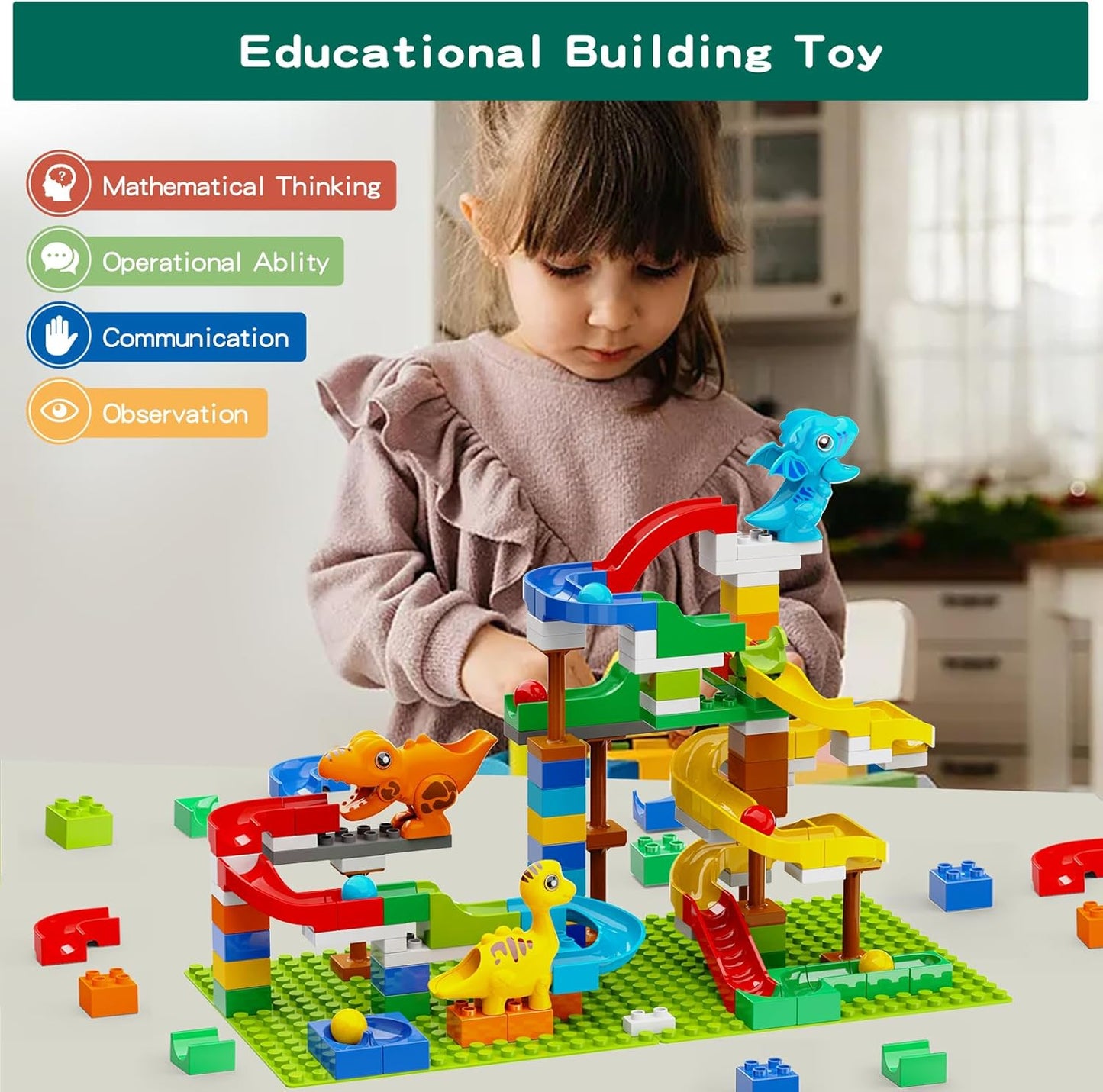 Anpcso Marble Run Building Blocks for Kids Age 3-8, 128 Pcs STEM Building Bricks Set with Toss Ring Game, Educational Learning Toys for Toddlers Boys Girls Gifts- Compatible with All Major Brands