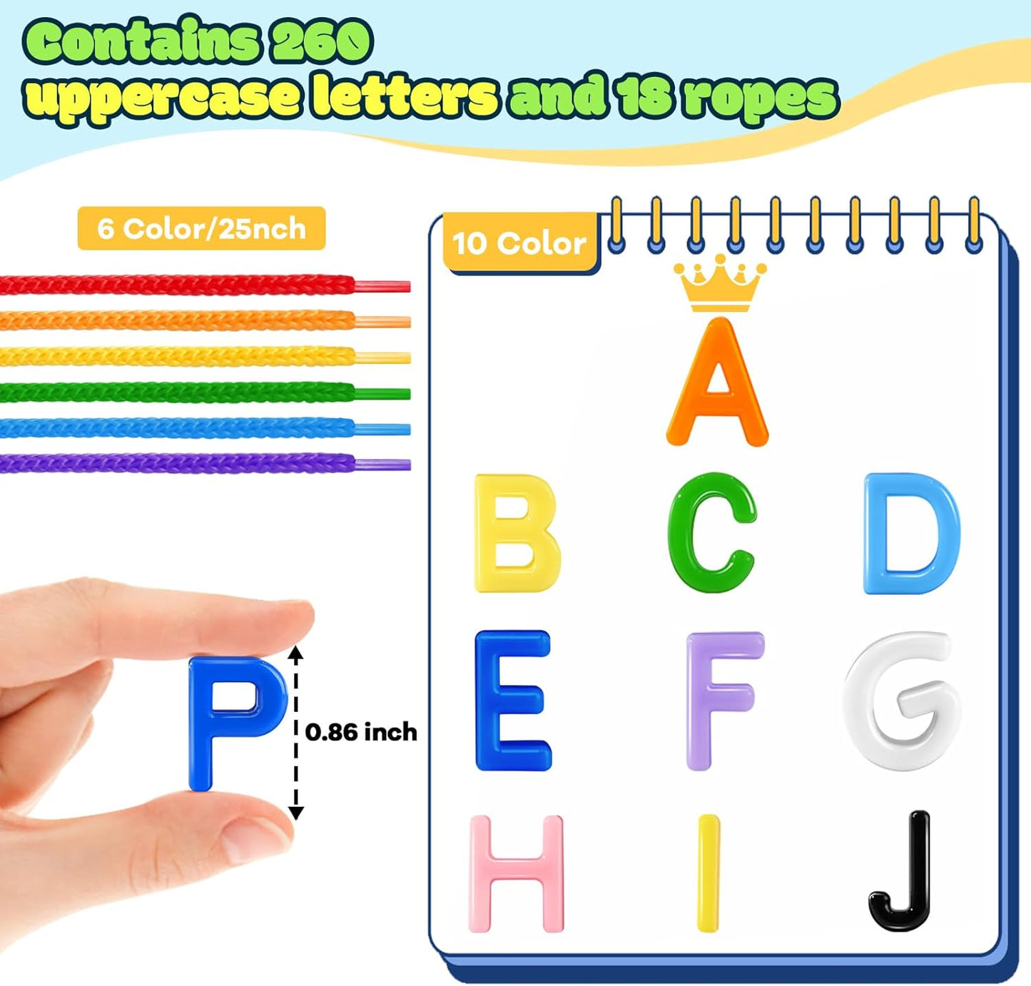 278 Pcs Lacing Letters Beads, Lowercase Alphabet Learning Toys, 10 Color Rainbow Alphabet Beads with 18 Laces, Preschool & Home Educational Toy for Kids Ages 3+, Back to School Supplies
