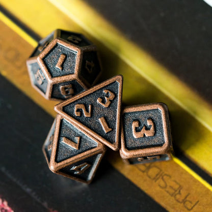 UDIXI Steampunk Metal Dice Set, 7 Die Polyhedral DND Dice Set for D&D Role Playing Game and Math Teaching (Ancient Copper)