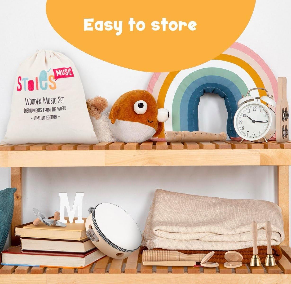 Stoie's Wooden Toddler Musical Instruments with Drum, Hand Bells, Flute, Maracas, Castanet, Tamburine, for Babies and Kids, Eco Friendly Montessori Educational Toy