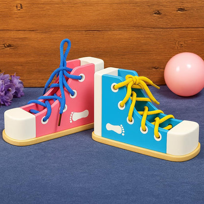 Learn to Tie Shoes for Kids with Wooden Lacing Shoe Tying Kids Shoe Tying Practice Kit with Wooden Toys Blue