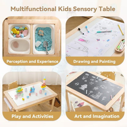 IEATFO Rubber Wood Montessori Sensory Table - 3 Foldable Storage Bins, Reinforced Frame, Height Adjustable Children's Table - Multifunctional Kids Activity Table Promotes Sensory Experiences & Growth