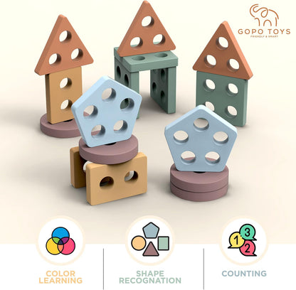 GOPO TOYS Montessori Toys for 1+ Year Old – Wooden Shape Sorter & Stacking Puzzle – Toddler Learning, Fine Motor Skills & Developmental Toy for Boys & Girls