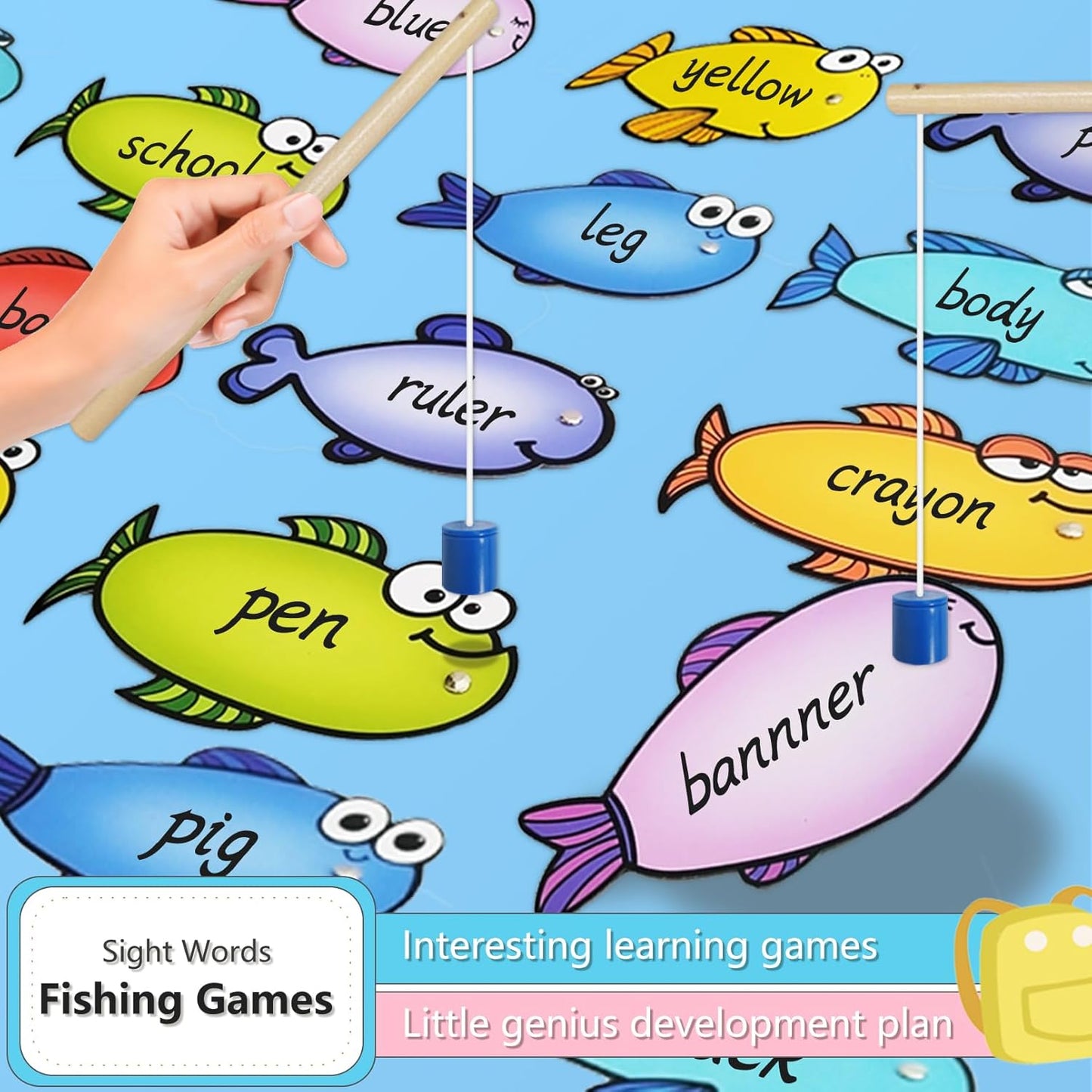 Magnetic Fishing Game, 24 Dry Erase Fish and 2 Wooden Toy Fishing Pole Sight Word Games Educational Toys for Kids, Kindergarten & Family