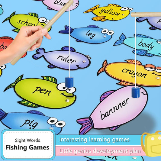 Magnetic Fishing Game, 24 Dry Erase Fish and 2 Wooden Toy Fishing Pole Sight Word Games Educational Toys for Kids, Kindergarten & Family