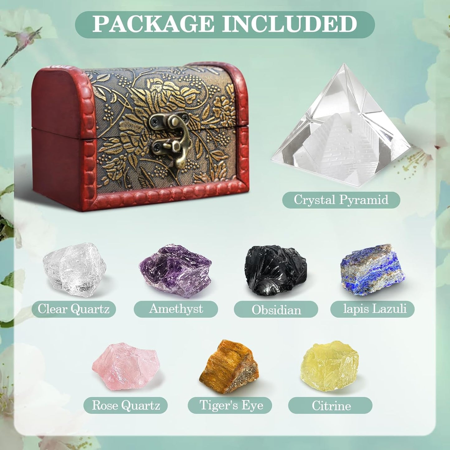 Crystals and Healing Stones, 9 Pcs Healing Crystals Set, 7 Chakra Crystal Stones Set Real Natural Selenite Pyramid Reiki Raw Rock Energy Protection Meditation with Wooden Box, Crystal Gifts for Women