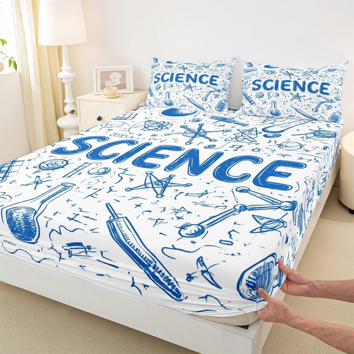 Chemistry Bed Sheets for Kids Teens Girls Boys,Chemical Experiment Fitted Sheet Twin,Science Themed Sheets for Math Lovers,Chemistry Lab Bedding Set,White and Black