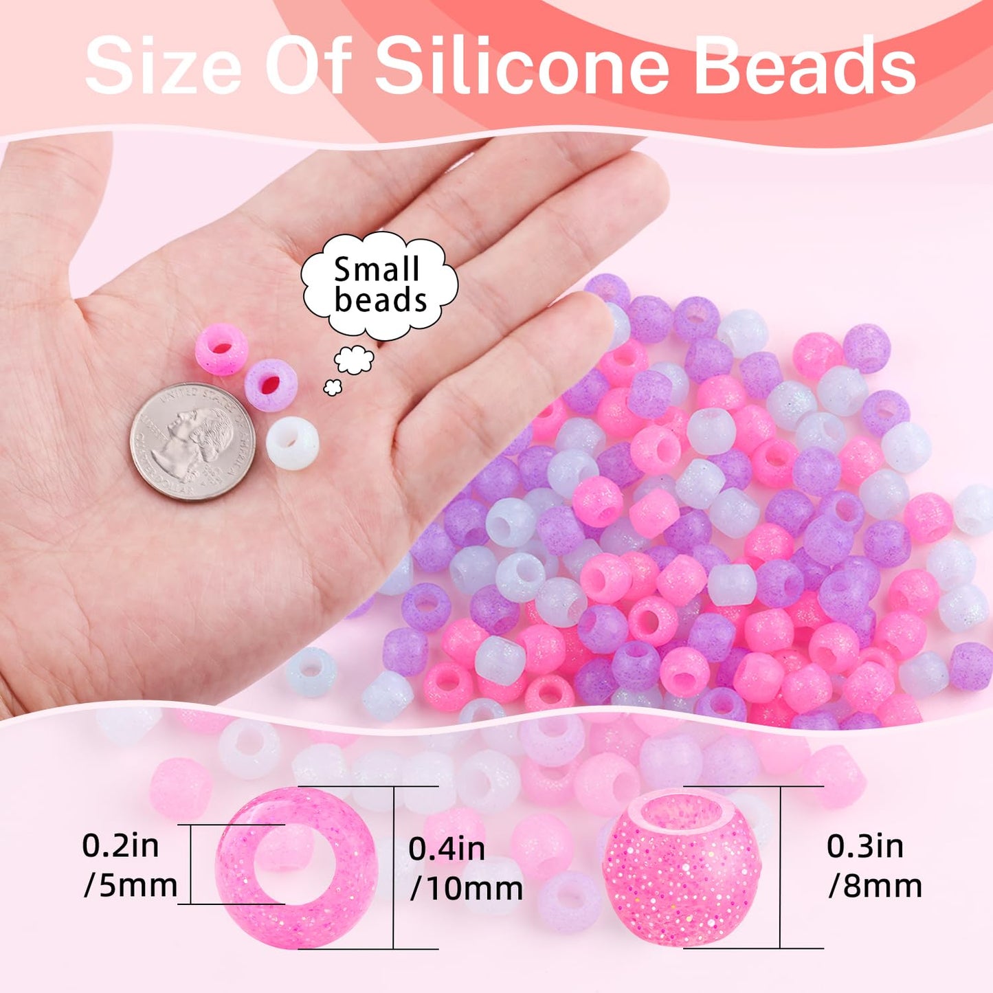 150Pcs 10mm Small Silicone Beads for Hair Braids, Soft Jellyish Pony Hair Beads with 5mm Hole + 50 Rubber Bands and 1 Beader for Braiding, DIY Bracelets Necklaces Crafts (Pink)