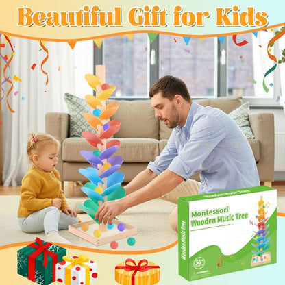 Marble Run Wood Ball Drop Toy for Kids 3-5 Toddlers Wooden Musical Tree Set Ball Run Toys for 4-8 8-12 Years Old Marble Tree Montessori Toys Christmas Birthday Gift (1.1inch Balls)