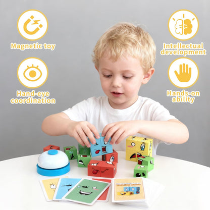 Face Changing Magnetic Cube Game, Expression Puzzle Magnetic Building Blocks Pattern Matching Game, Educational Puzzles Toy, Magnet Cubes,Board Games for Kids and Adults with Bell,16 PCS Magnet Blocks