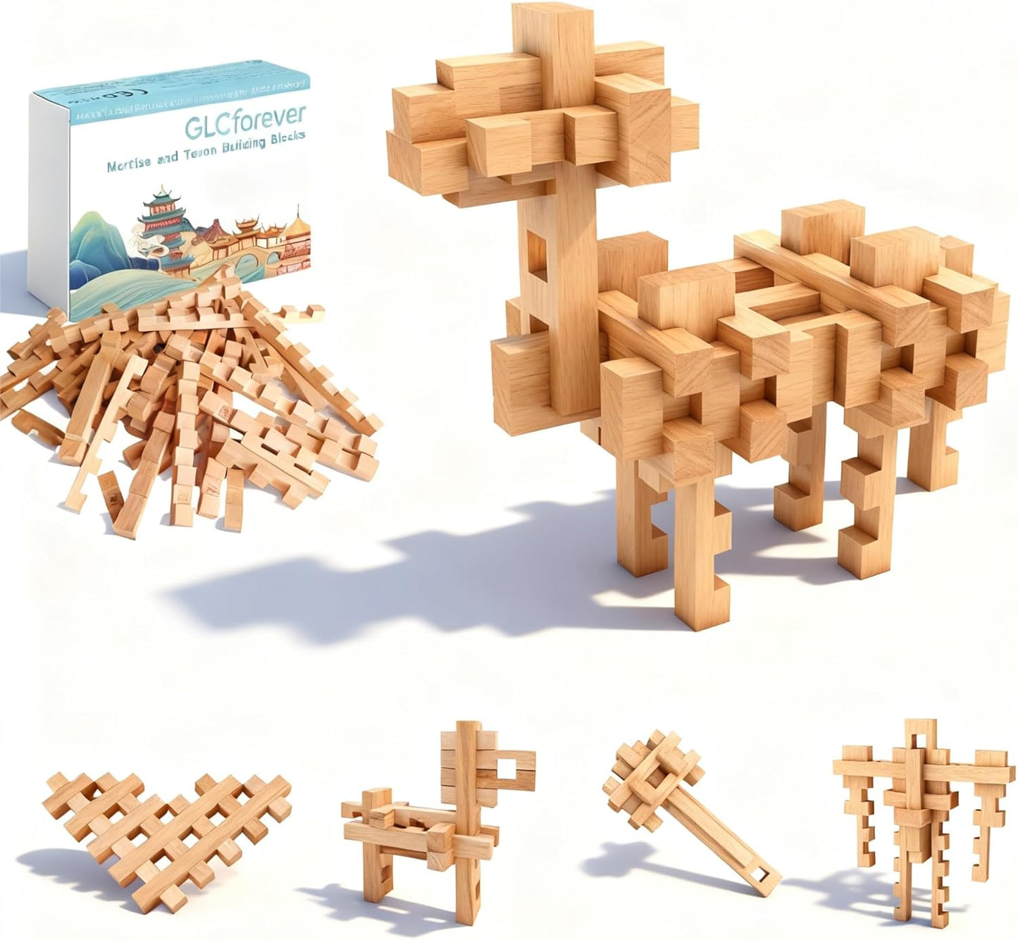 15 in 1 STEM Wooden Building Blocks -15+ Shapes, 3D Puzzle, Logic Brain Games, Educational Toys Gift for Kids and Classroom, Montessori STEM Toys for Ages 5+ to Adults
