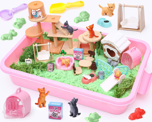 Lorfancy Dog Sandbox Toys Kids Play Sand Kit Toddler Sensory Bin Toy 2.2lbs Sand Pet Dog Figures Care Role Pretend Play Beach Toy Birthday Gift for Girls Boys 3 4 5 6 7 8 Years Old