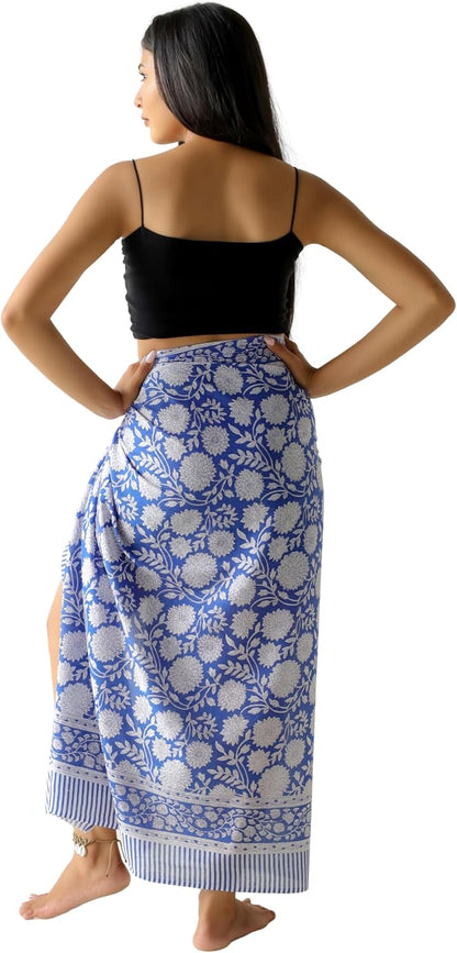 100% Cotton Sarong Cover Up for Women Indian Block Print Beach Wrap Skirt Long Boho Swimsuit Bikini Pareo (73” x 43”)