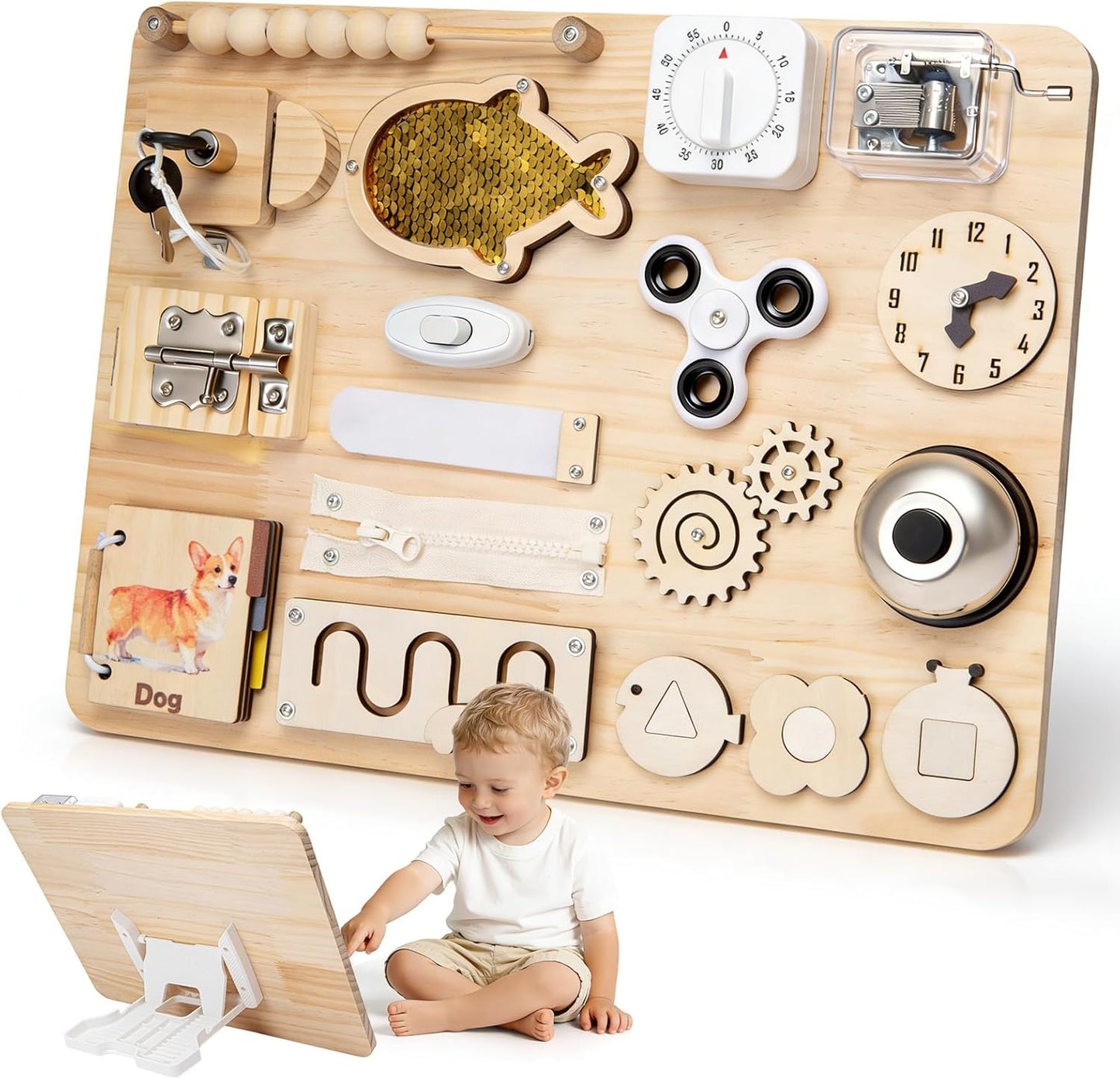 Montessori Large Busy Board for 1 2 3 4,Wooden Sensory Activity Toys,Fine Motor Skills & Early Learning for Toddler Baby Boys Girls Gifts for ADHD & Autistic Kids Children