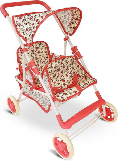 The New York Doll Collection First Twin Stroller - Cutest Heart Design Baby Strollers Great Toy Gift for Toddlers and Girls (Denim) Blue,pink