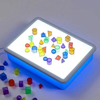 60 Pcs Mini 3D Shapes for Teaching - Bright LED Light Box - 16" -,Light Table for Kids, Color & Light Discovery, Artistic Exploration and Creative Play