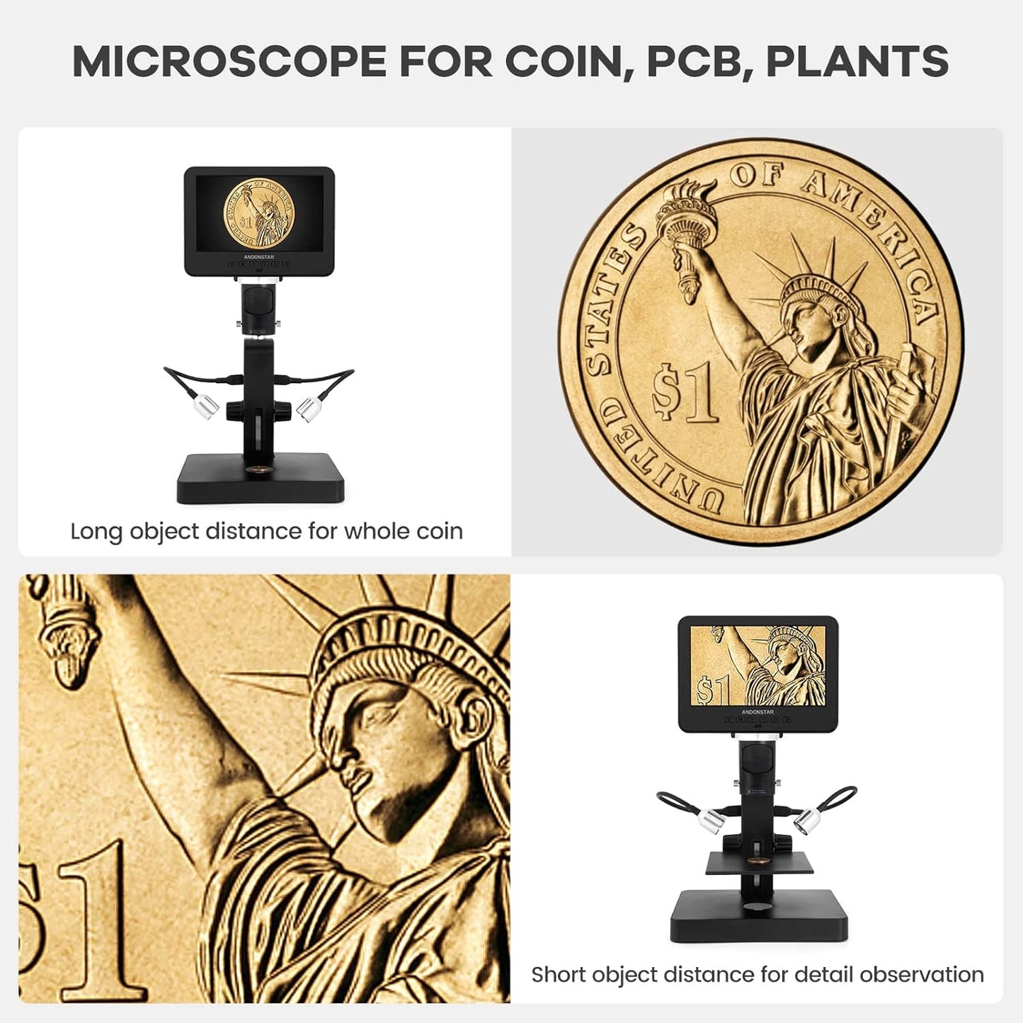 Andonstar AD246S-P HDMI Digital Microscope with 7'' Screen, 4000x 3 Lens 2160P UHD Video Record, Coin Microscope for Error Coins, Biological Microscope Kit for Adults and Kids, Prepred Slides