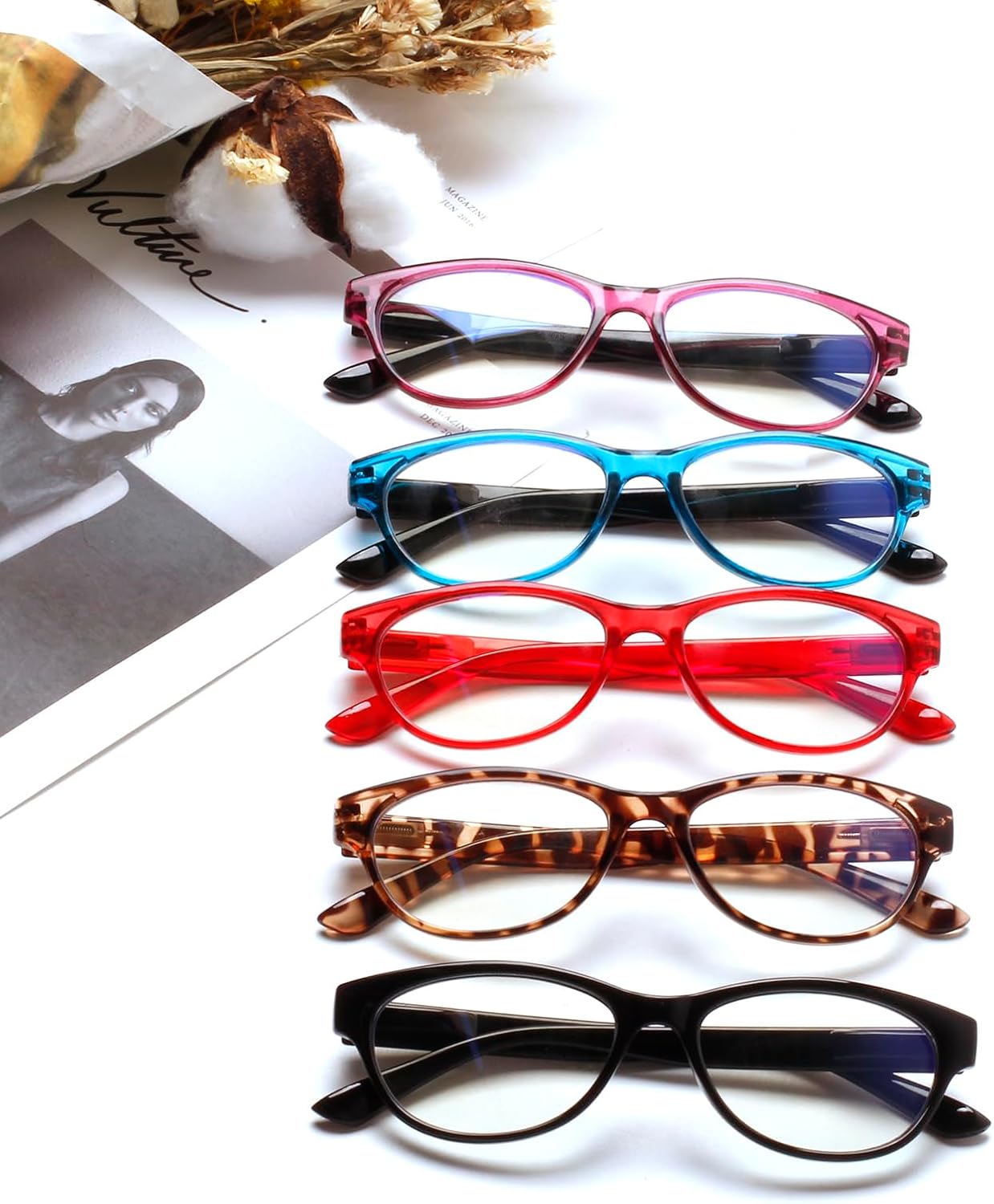 SIGVAN Ladies Cat Eye Reading Glasses 5 Pairs Blue Light Blocking Spring Hinge Fashion Pattern Print Readers for Women