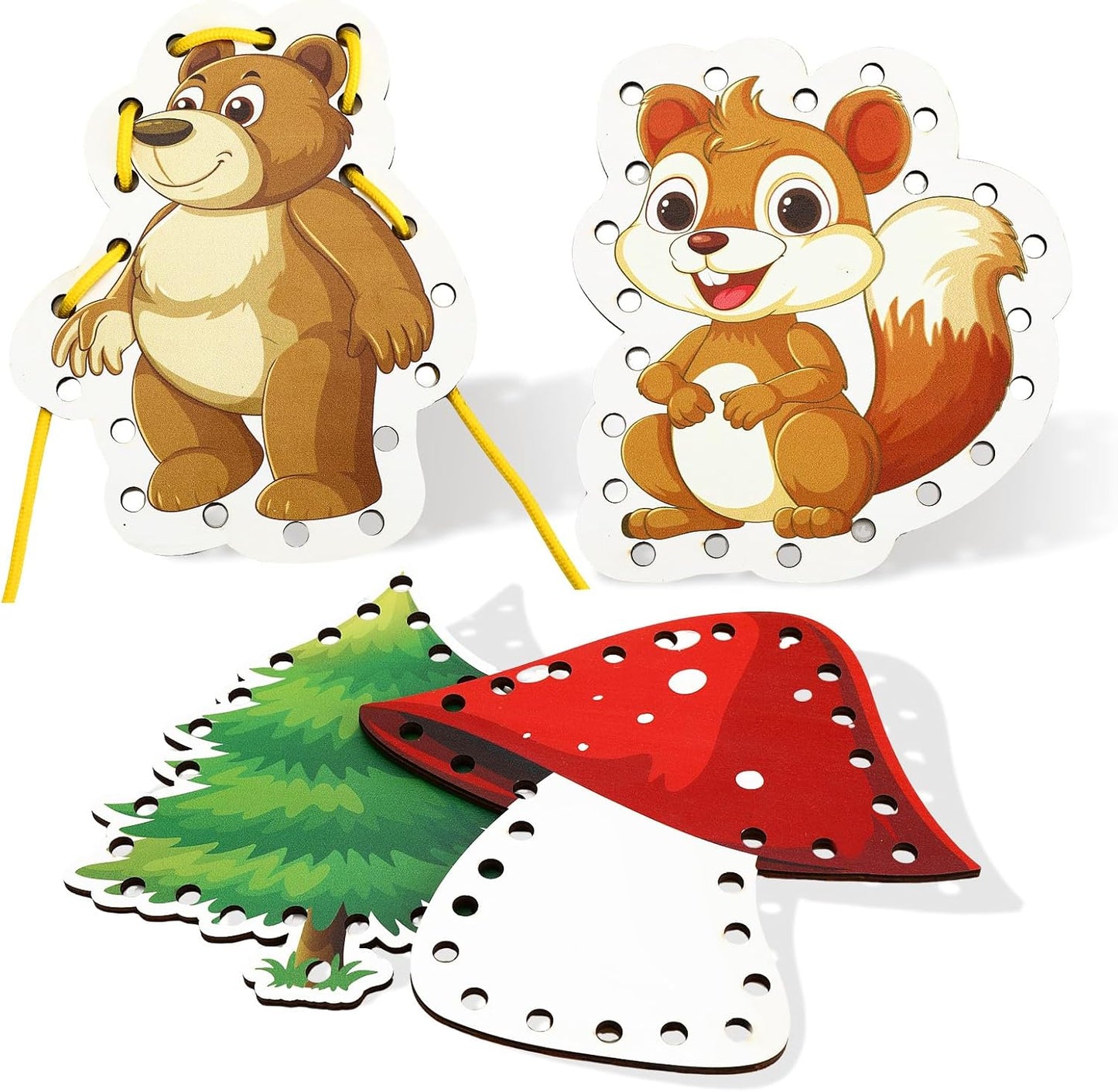 Montessori Wooden-Lacing Cards, Fine Motor Skills, Cute Bear Lacing Cards (Forest)
