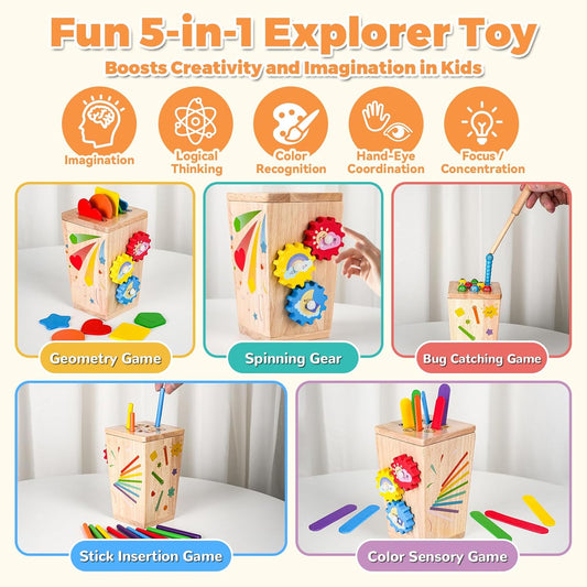 Wooden Montessori Baby Toys, 5 in 1 Fine Motor Skills Learning Toy, Educational Shape & Color Sorting Sensory Fidget Toy for Toddlers Ages 1–3, Birthday Gift for 2–4 Year Old Girls & Boys