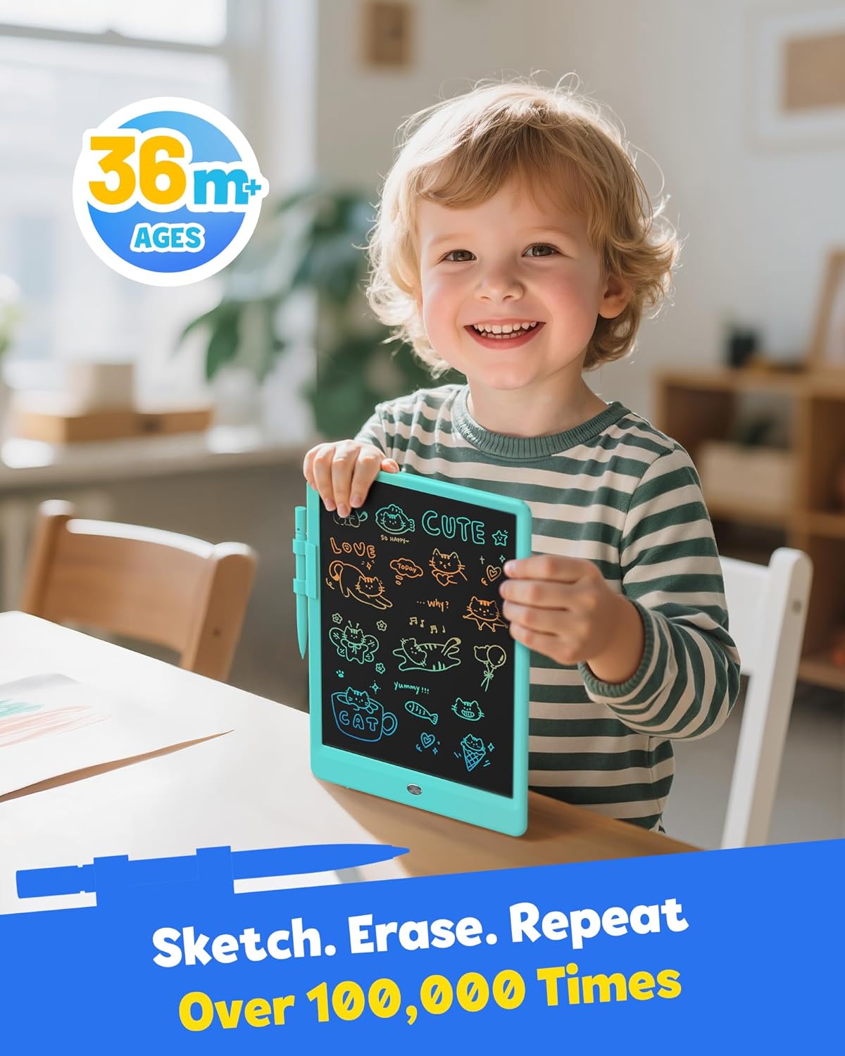 TEKFUN LCD Writing Tablet for Kids, 10-inch Coloring Drawing Pad, Mess Free Doodle Board, Airplane Travel Toys for Boys and Toddlers, Road Trip Essentials, Gifts for 3 4 5 6 7 8 Year Old Girls(Blue)