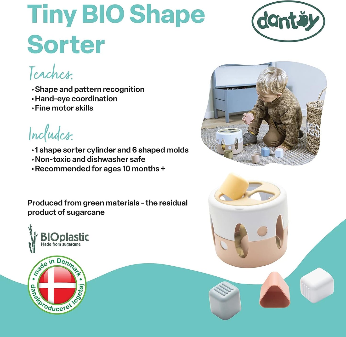 Dantoy TINY BIO Eco-Friendly Shape Sorter Toy (7 Pieces), Babies & Toddlers, Shape & Pattern Recognition, Hand-Eye Coordination, Non-Toxic, Dishwasher Safe, Made in Denmark, Ages 10 Mos+