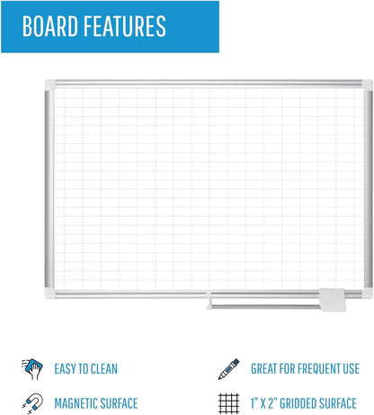 MasterVision gridded Magnetic Steel Dry Erase Planning Board, 1 x 2 Grid, 36 x 24, White Surface, Silver Aluminum Frame