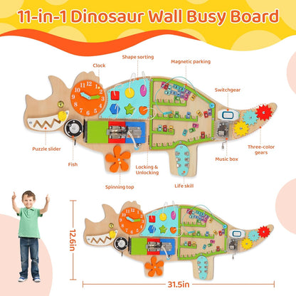 FIIOEOY Dinosaur Activity Wall Busy Board Panels, 11-in-1 Montessori Sensory Wall Panel for Kids, Toddler Learning Activity Center, Perfect for Playroom Daycare Nursery Classroom