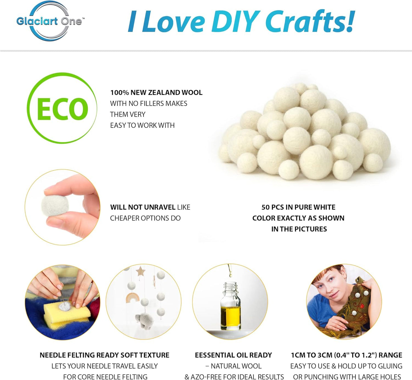 Glaciart One Wool Felt Balls, Felt Ball (240 Pieces) 2.5 Centimeters - 1 Inch, Handmade Felted Pure White Color - Bulk Small Puff for Felting and Garland